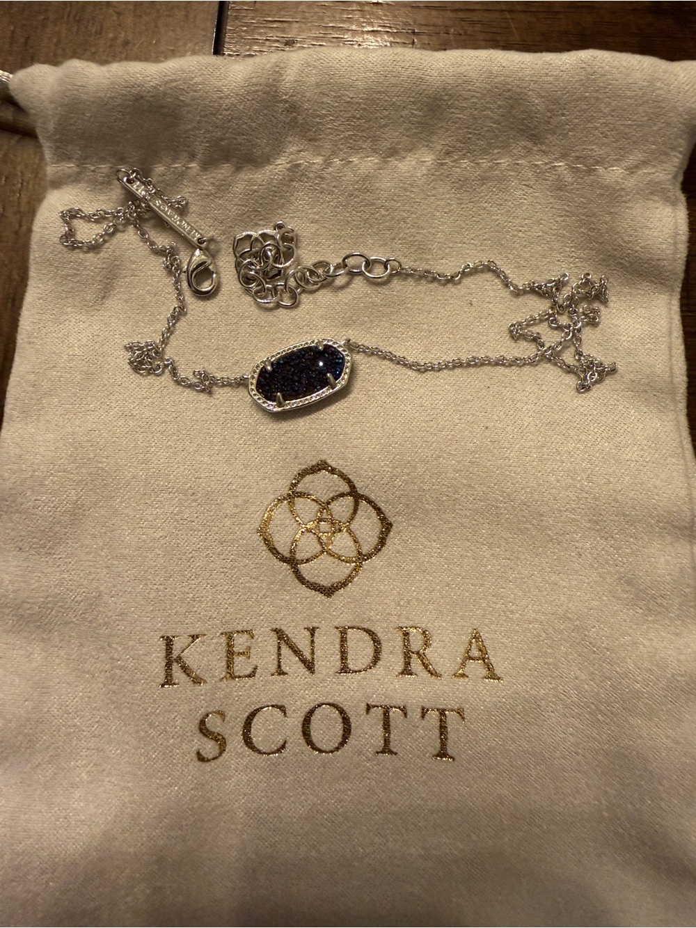 Kendra Scott Silver Necklace with Dark Blue Drusy Pendant